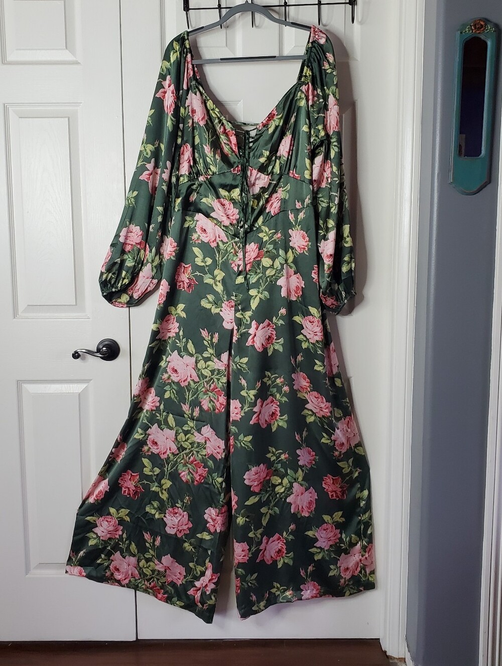 ASOS Design Curve Satin Te Jumpsuit Green Floral Wide-leg Lace-up Back Boho 18 - Picture 2 of 16
